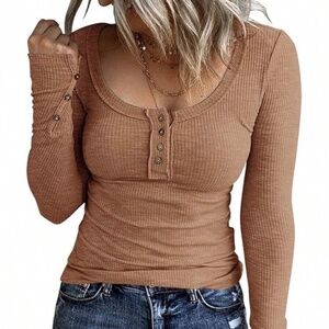 Women's Long Sleeve Henley T Shirts Button Down Slim Fit Top